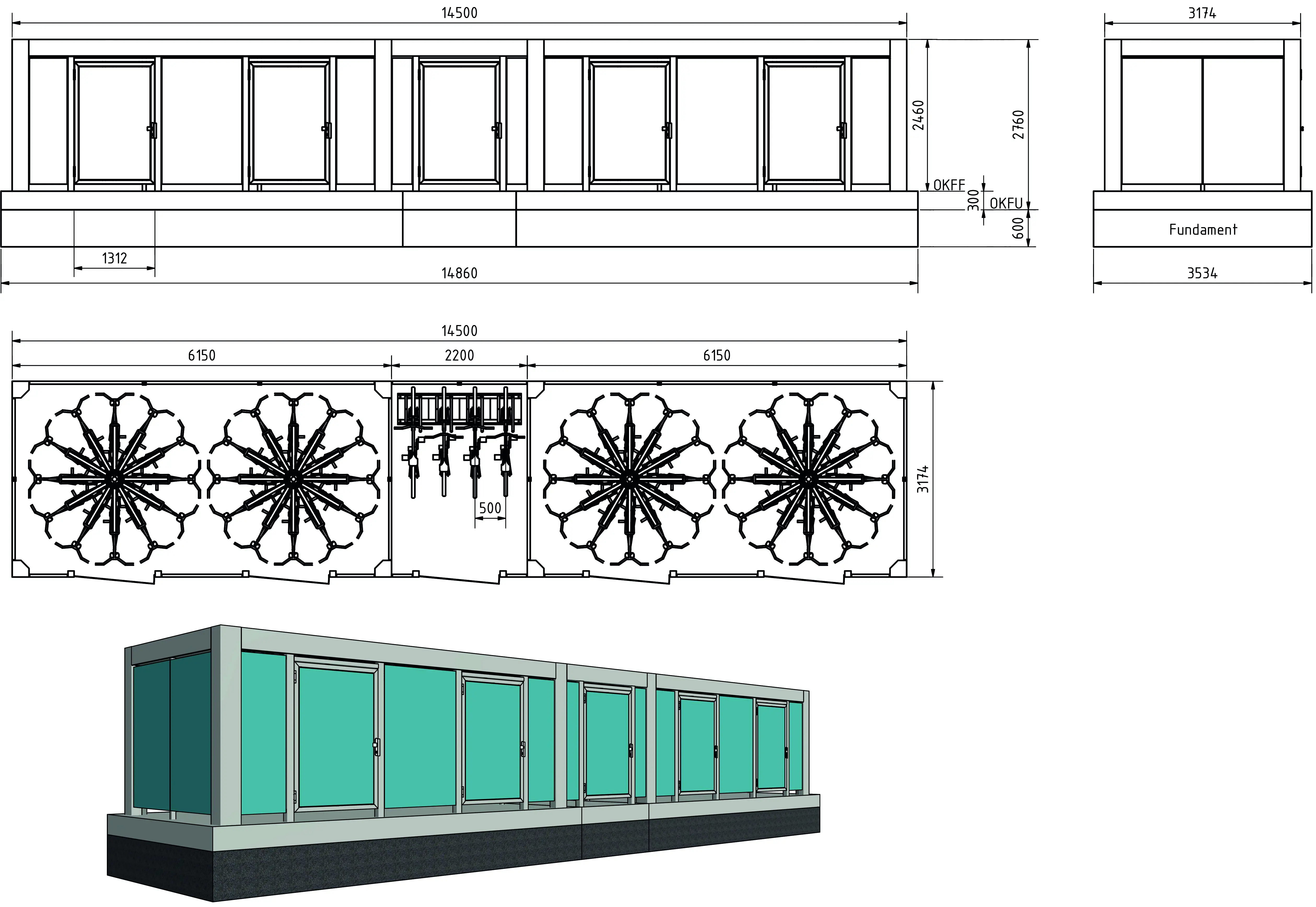 KUBUS 317 Konfiguration 3174×14500mm – maximale Kapazität mit Vertica Spin und Fahrradständern